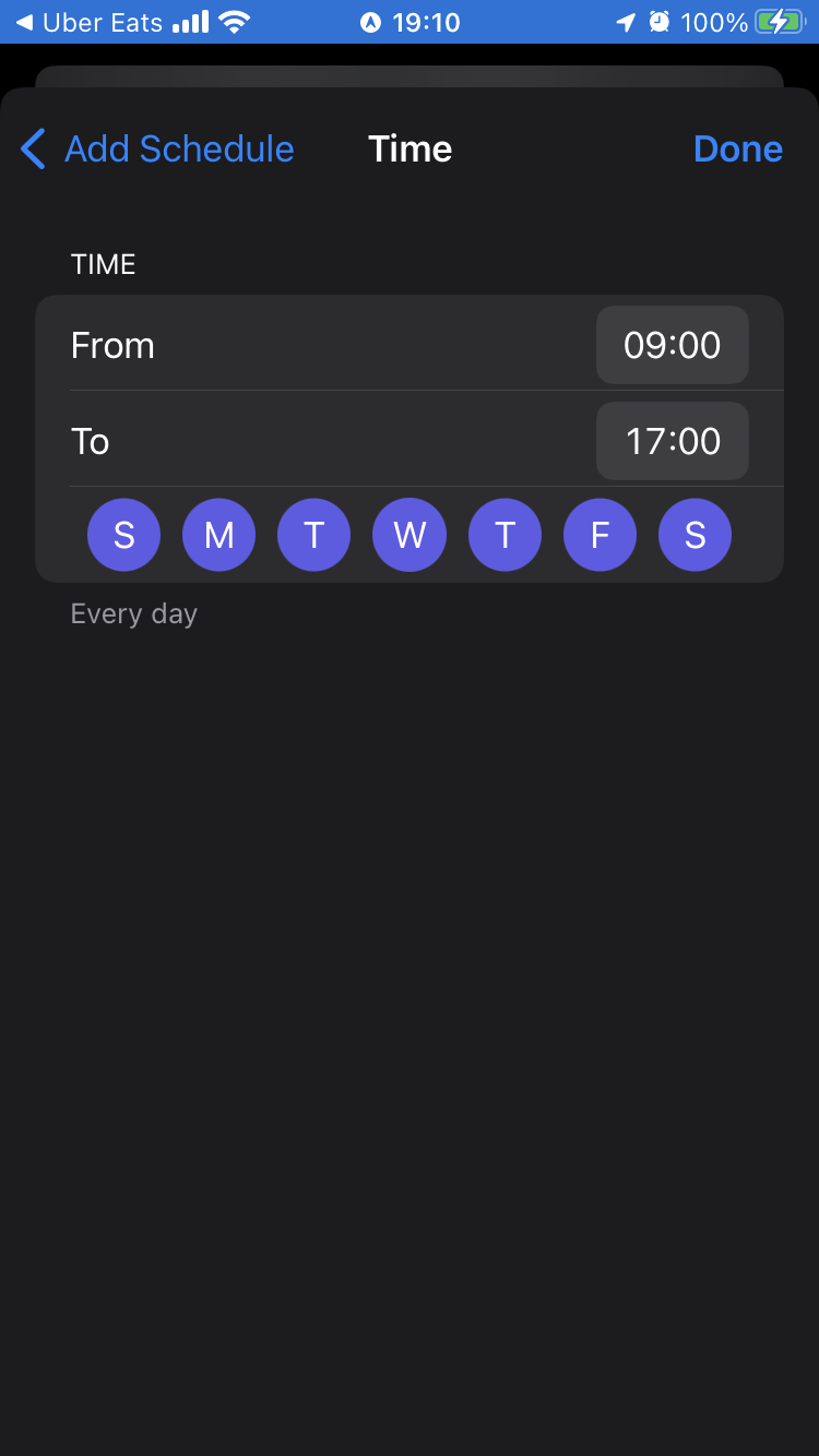 Time settings are shown for a new focus mode on iOS. Pick suitable times to use schedule notifications for peace of mind.
