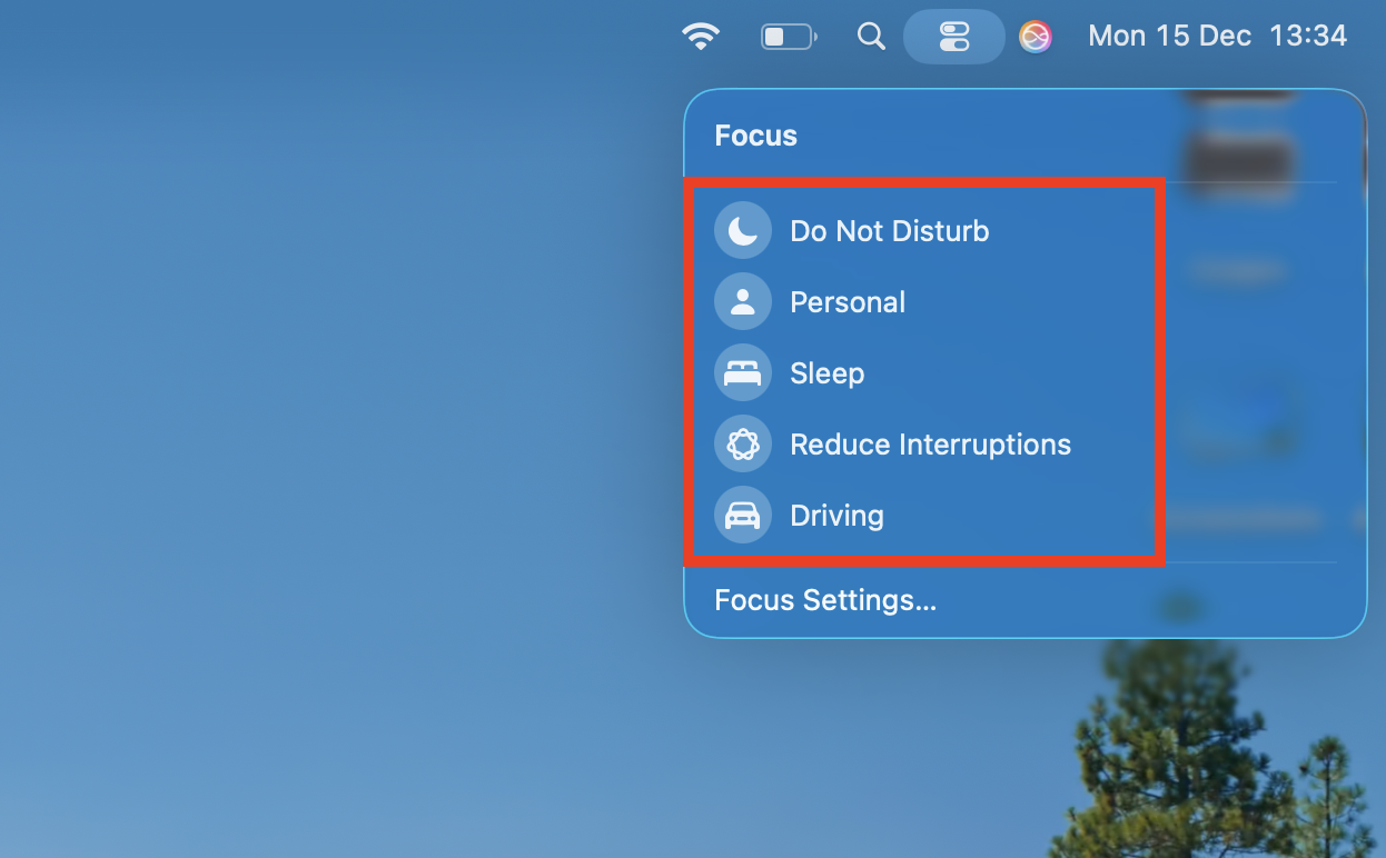 A list of Focus modes in Control Center on Mac. When you want to know how to silence notifications on Mac, go into Focus mode in Control Center and pick one of the options.