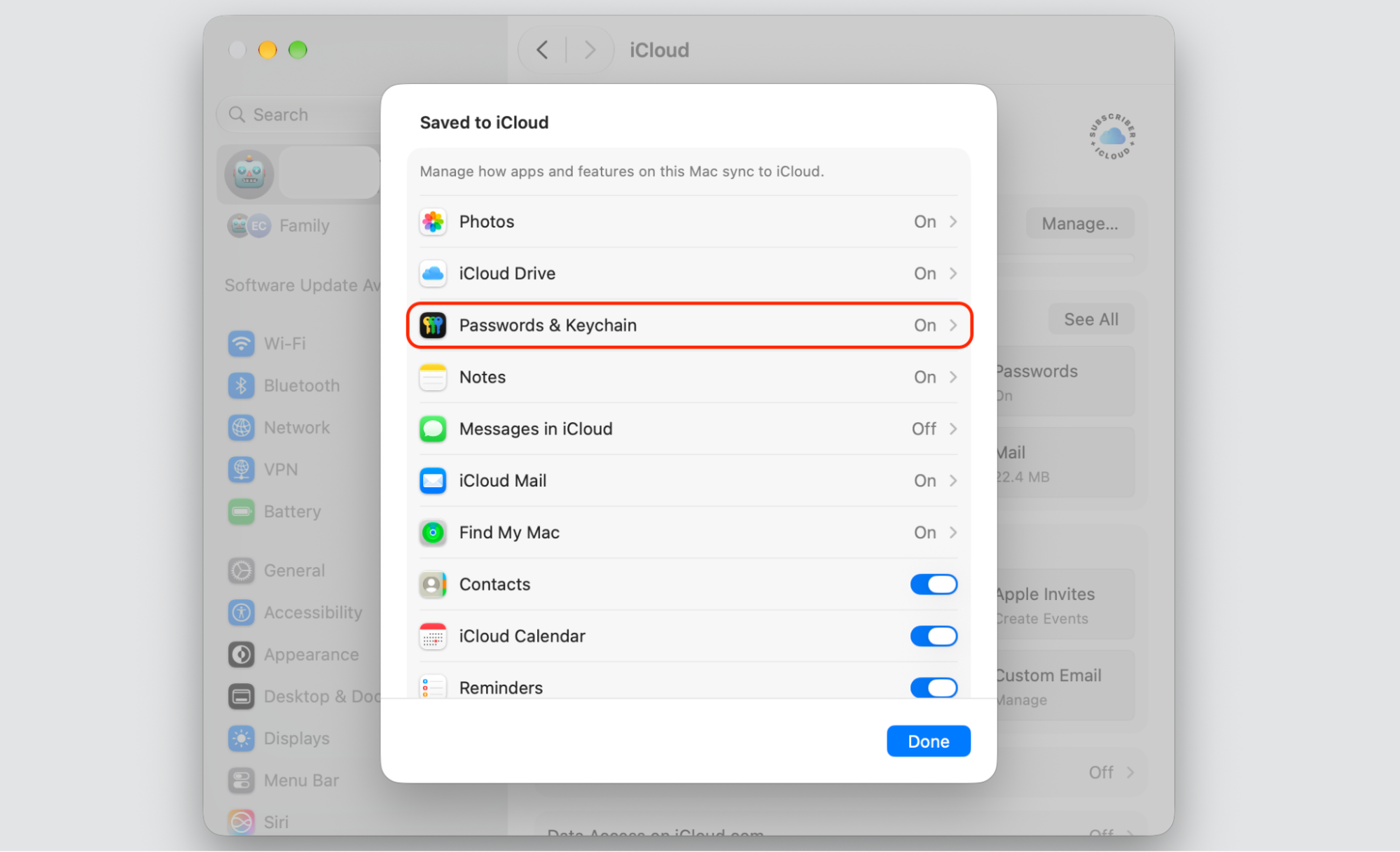The Passwords app on macOS Sequoia showing synced logins, confirming the new Apple device now receives encrypted iCloud Keychain passwords.