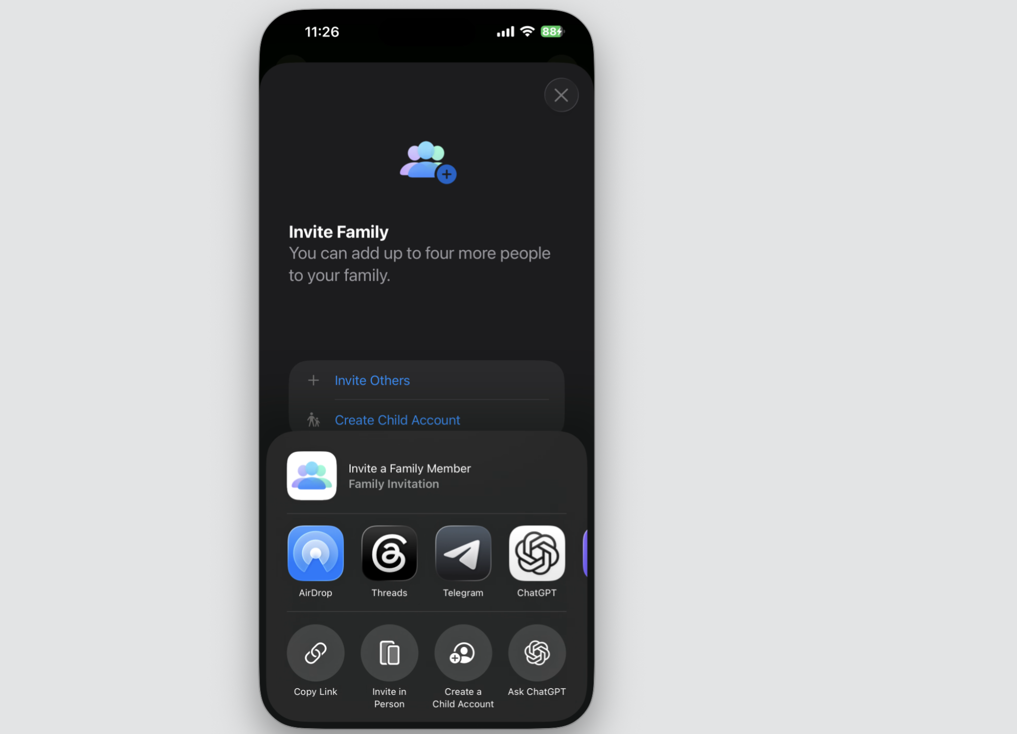 iPhone Family Sharing invite sheet showing AirDrop, Messages, and more options for sending an iCloud storage invitation to family members.