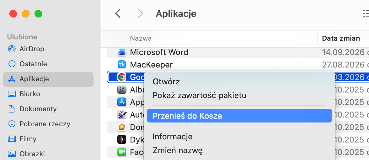 Czasami złośliwe oprogramowanie występuje w formie aplikacji, którą możesz po prostu odinstalować. Znajdź ją w folderze Aplikacje, przenieś do kosza, a następnie opróżnij Kosz.