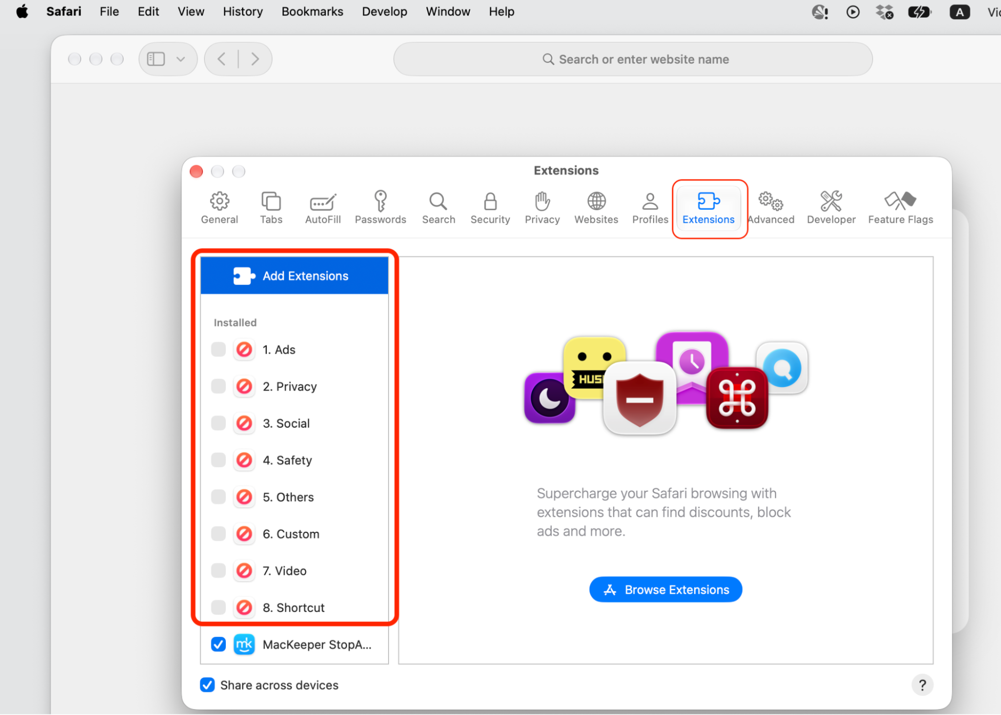 Safari Extensions tab on macOS listing installed add-ons to remove unknown extensions tied to the Avast bad search engine.