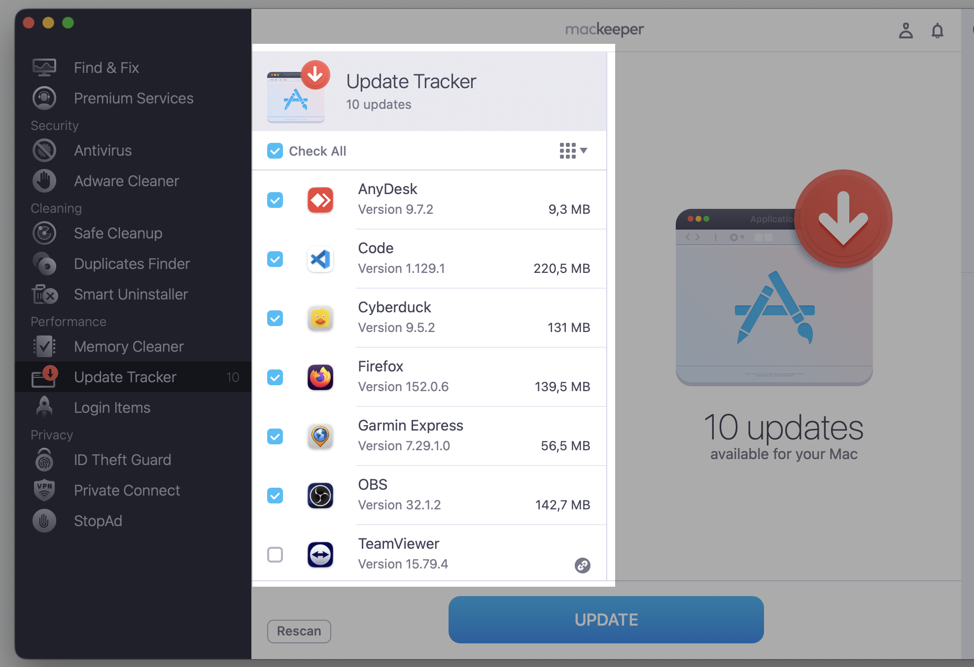 MacKeeper's Update Tracker on macOS listing outdated apps with checkboxes to select the app you want to update on your Apple laptop