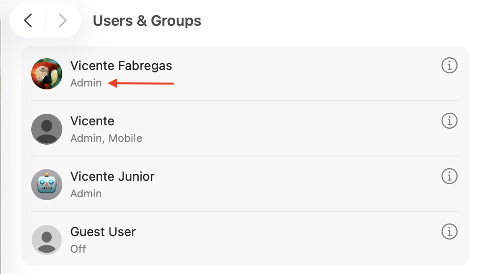 Users & Groups pane in System Settings on a MacBook, confirming your account is marked Admin before you approve the blocked app.