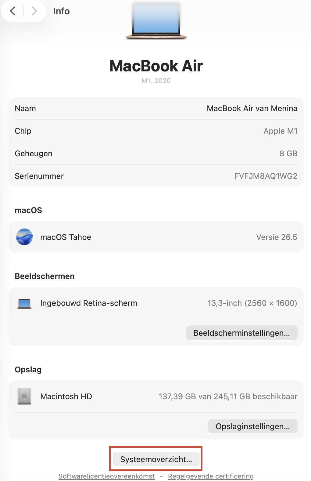 Interface 'Over deze Mac' met het Systeemrapport gemarkeerd met een rood kader.