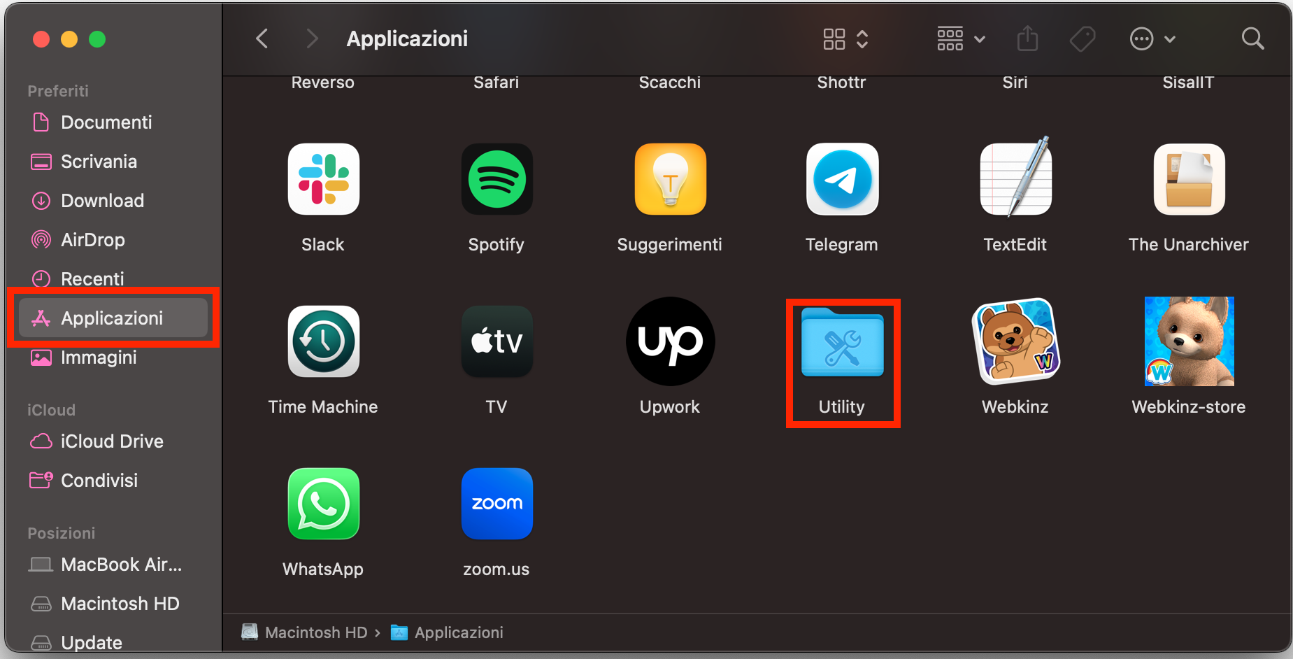 Per controllare la presenza di errori sul Mac usando Terminale, apri Finder, vai alla cartella Applicazioni, poi apri Utility.