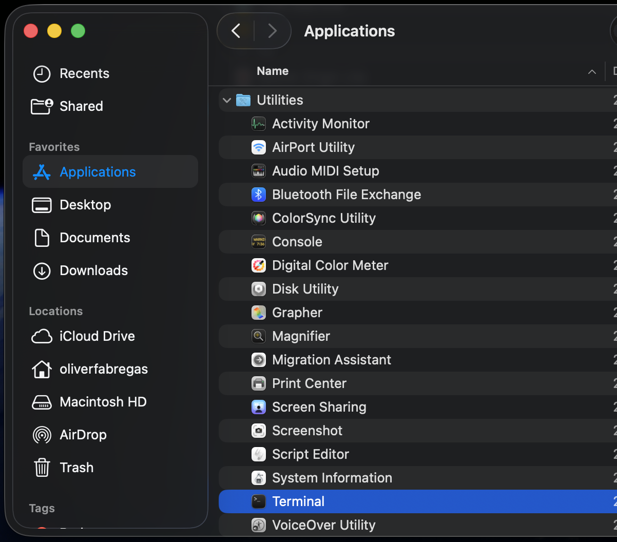 Utilities folder expanded in Finder on an Apple computer running macOS Sonoma, with the Terminal app highlighted to open it and switch users via CLI.