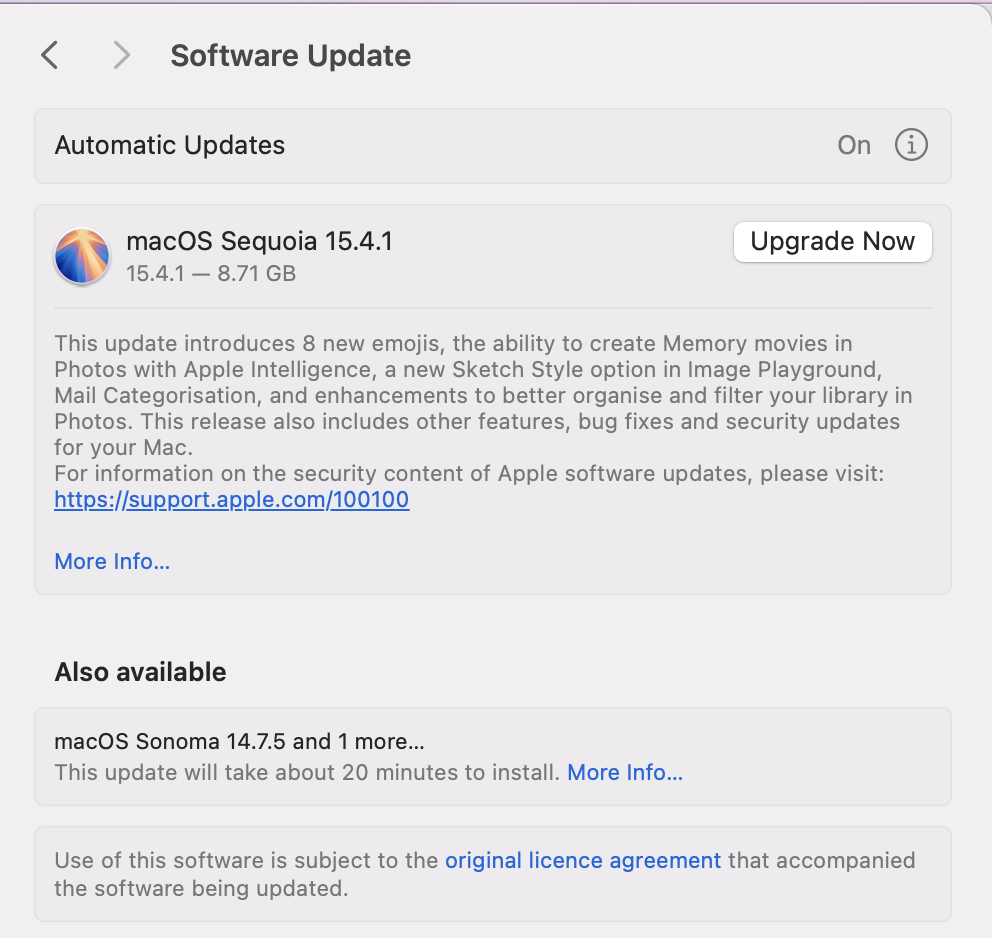 If you have any updates or upgrades available for your installed version of macOS, then you’ll see a button that you can press that says Update Now or Update Now.
