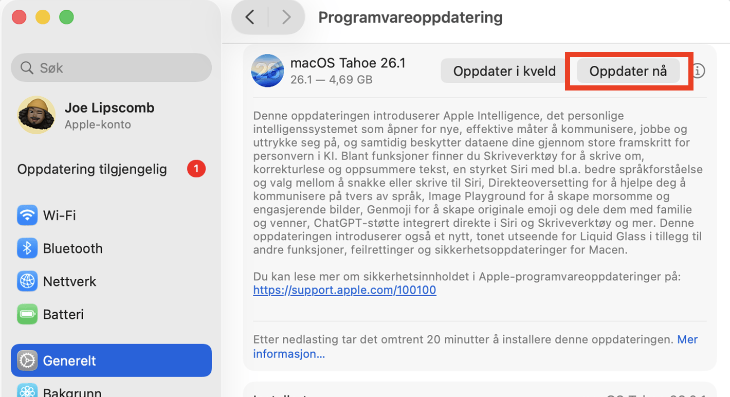 Hvis det finnes tilgjengelige oppdateringer, vil du se en 'Oppdater nå'-knapp. Du kan også klikke på 'Mer info' for å finne ut mer om hva oppdateringen inneholder.