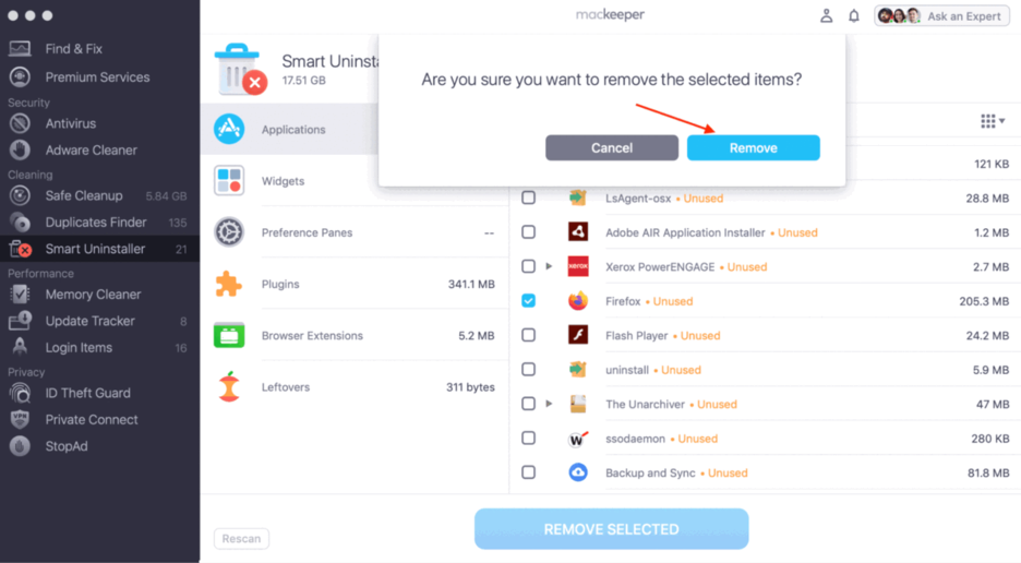 To confirm you want to delete a VPN and the selected files, click on the Remove button.