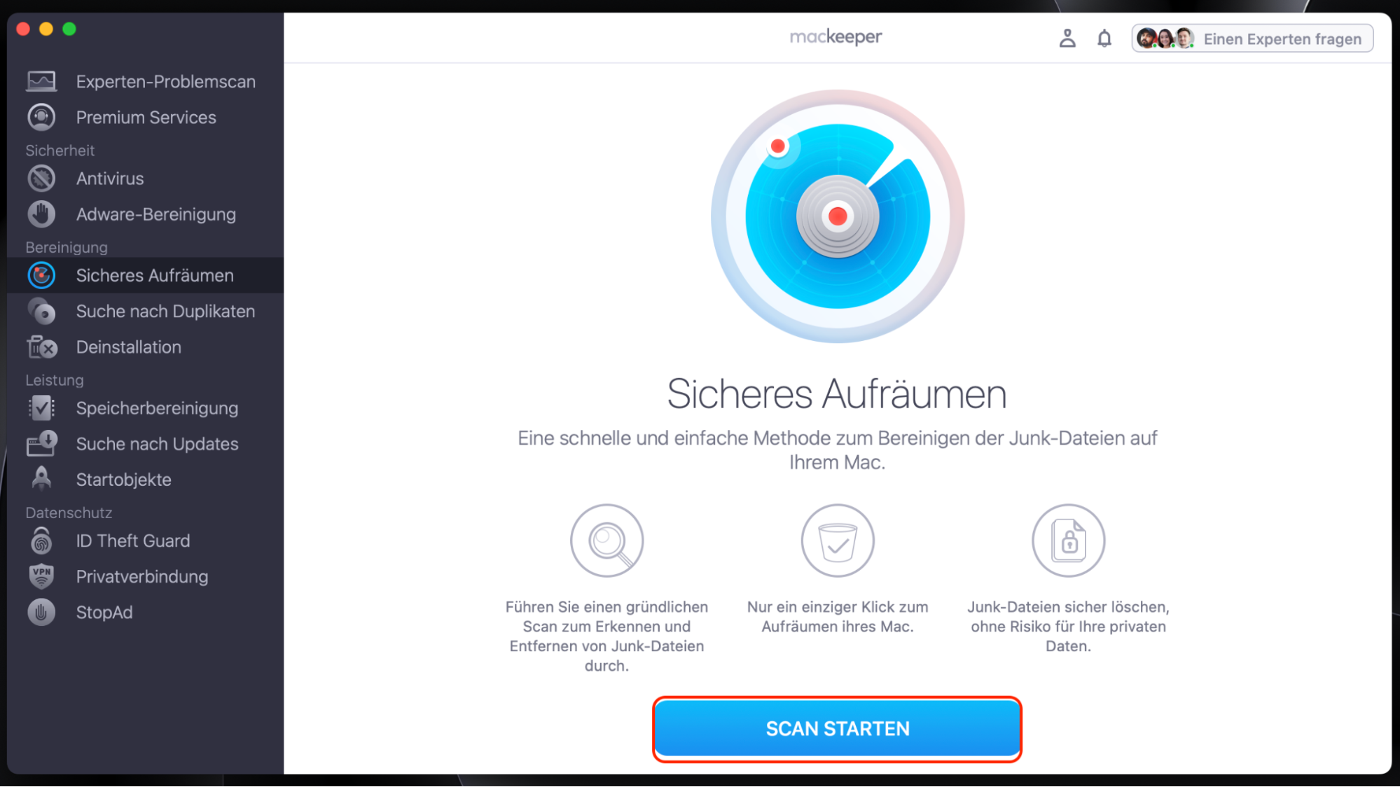 Vorschau des MacKeeper-Tools Sicheres Aufräumen auf einem Mac-Gerät, mit dem Benutzer ihre MacBooks für die nahtlose Verwendung von Videobearbeitungssoftware vorbereiten können. Vorschau des MacKeeper-Tools Sicheres Aufräumen auf einem Mac-Gerät, mit dem Benutzer ihre MacBooks für die nahtlose Verwendung von Videobearbeitungssoftware vorbereiten können.