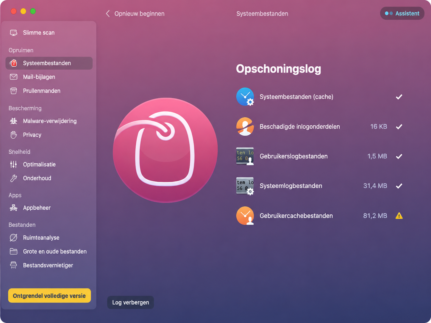 Het opschoonlogboek van CleanMyMac is geopend om de gebruiker recente opschoonacties te tonen en te laten zien hoeveel opslagruimte daarbij is vrijgemaakt.