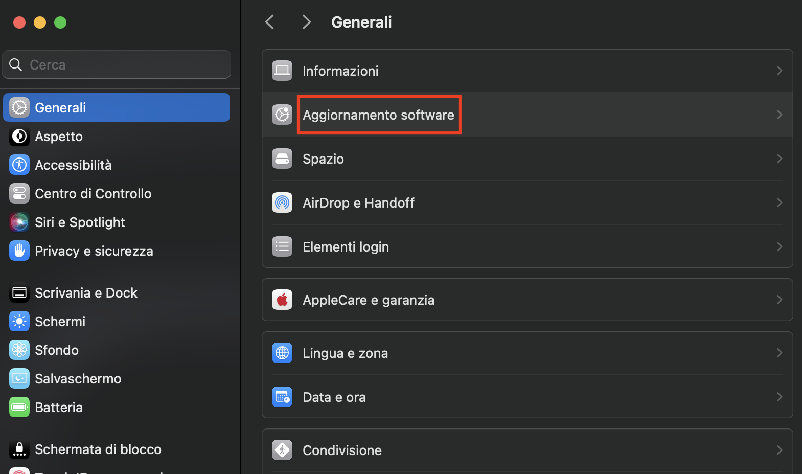Aggiornare il software macOS può aiutare a rimuovere bug che potrebbero causare un consumo eccessivo di dati da parte dei file di sistema. Vai a Impostazioni di sistema > Generali > Aggiornamento software