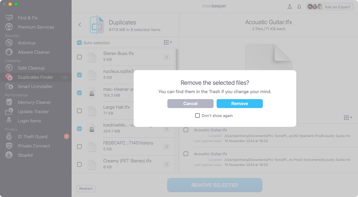 To confirm the removal of the duplicate files, click the 'Remove' button. Note: there may be legitimate reasons your Mac contains duplicates, so be sure to check what you're deleting.