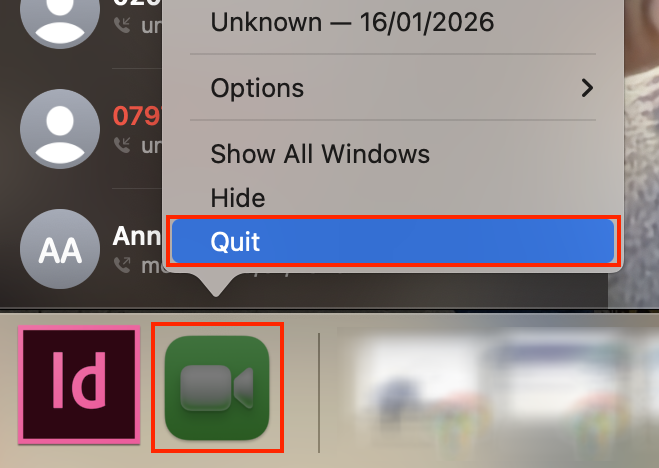 To close the Continuity app on Mac, right-click the icon of the video app you're using, then select Quit from the dropdown menu.