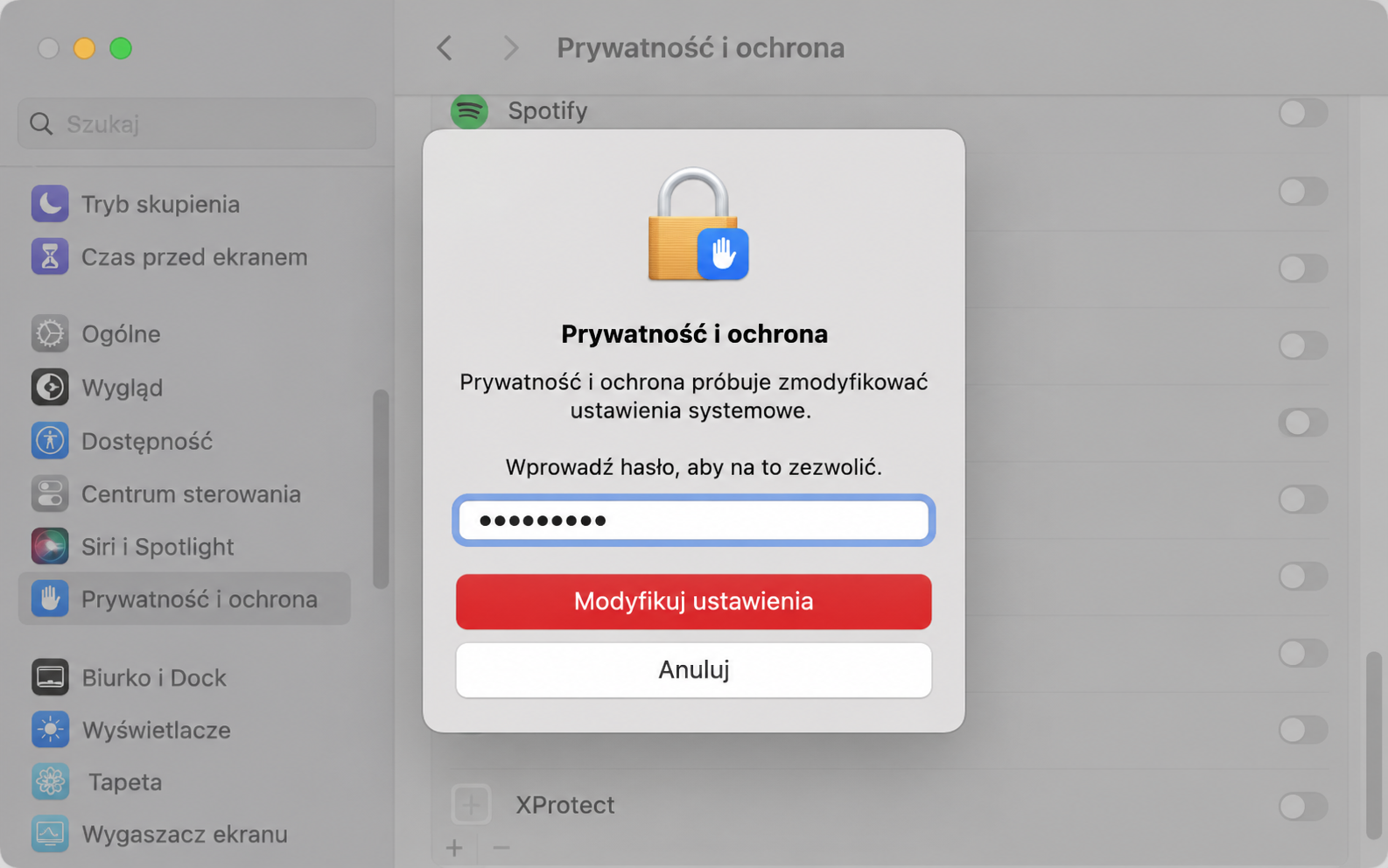 Jeśli zostaniesz o to poproszony, wpisz swoje hasło administratora, a następnie kliknij przycisk 'Modify Settings' lub naciśnij klawisz Return na klawiaturze.