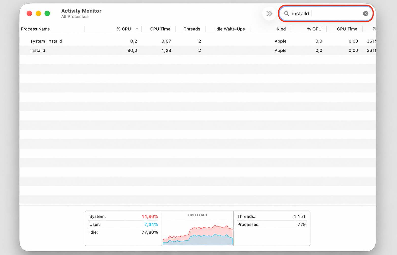 Activity Monitor search field on a MacBook with installd typed to find the installd process consuming high CPU on macOS.