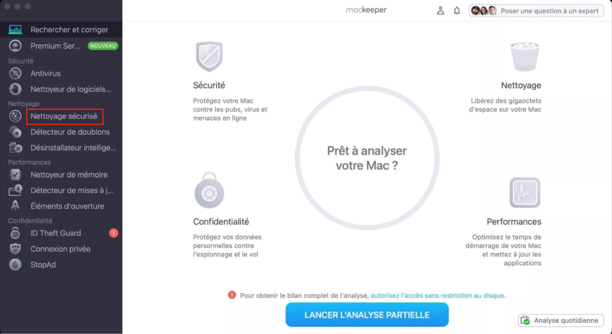 Vous estimerez sans doute que 256 Go sont suffisants pour votre MacBook si vous supprimez des fichiers inutiles. Pour commencer, ouvrez MacKeeper et sélectionnez Nettoyage sécurisé.