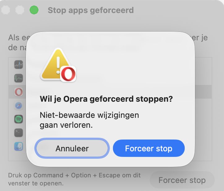 macOS geeft je de mogelijkheid om te bevestigen dat je de app wilt afsluiten. Zorg ervoor dat je je werk opslaat voordat je op Stop klikt.