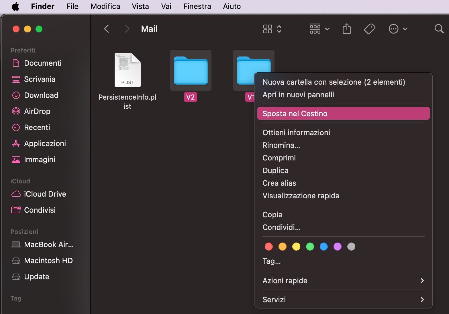 Parte di una finestra del Finder su Mac. Una cartella è selezionata e il menu contestuale è aperto, con Sposta nel Cestino evidenziato. Come eliminare la cache di Mail su Mac.