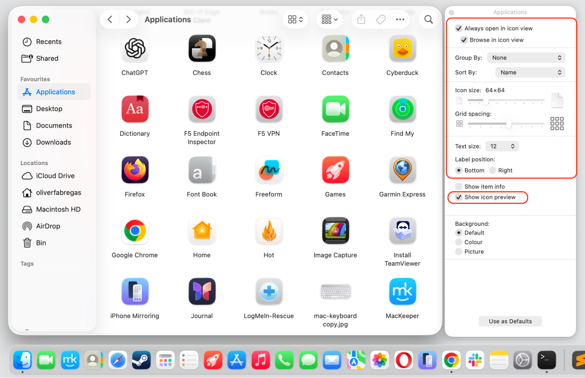 Finder Show View Options panel on macOS Sequoia 15 with icon size and Show icon preview settings customized on an Apple computer.