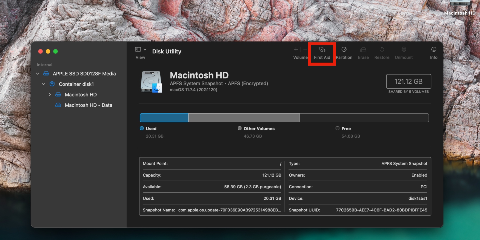Disk Utility is opened on a Mac. Click on First Aid at the top of the Disk Utility window to close a hung CoreServicesUIAgent process.