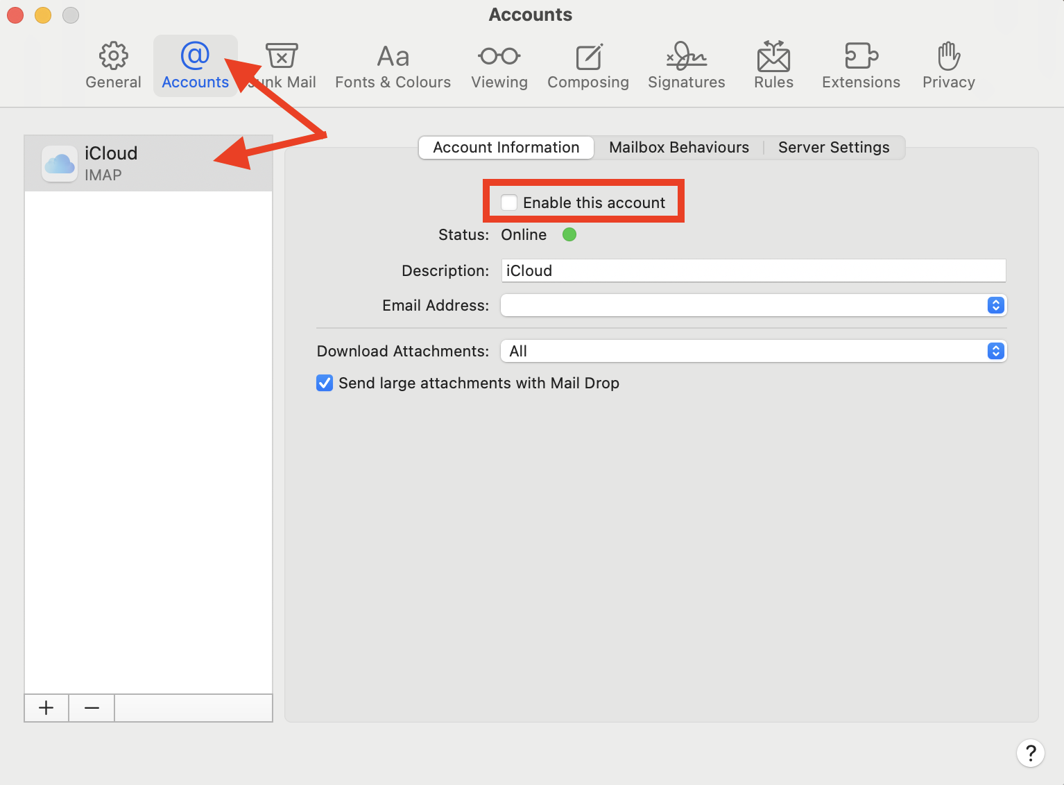 The Settings menu for Apple Mail on Mac, showing the Accounts tab. If Apple Mail search is not working, you can reset your Mail preferences by disabling your email account, then re-enabling it.