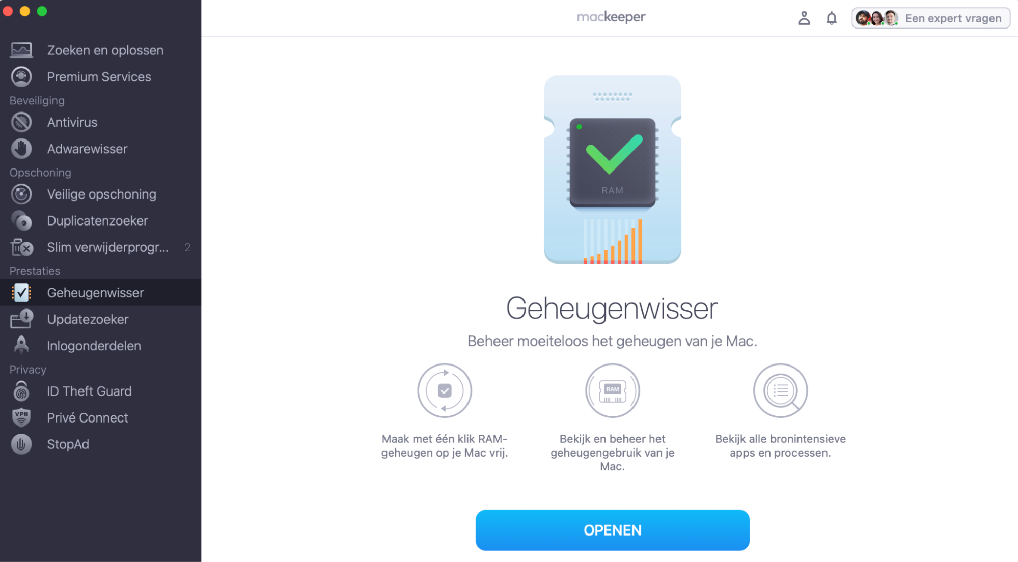 Selecteer in MacKeeper Geheugenwisser en klik op Openen.