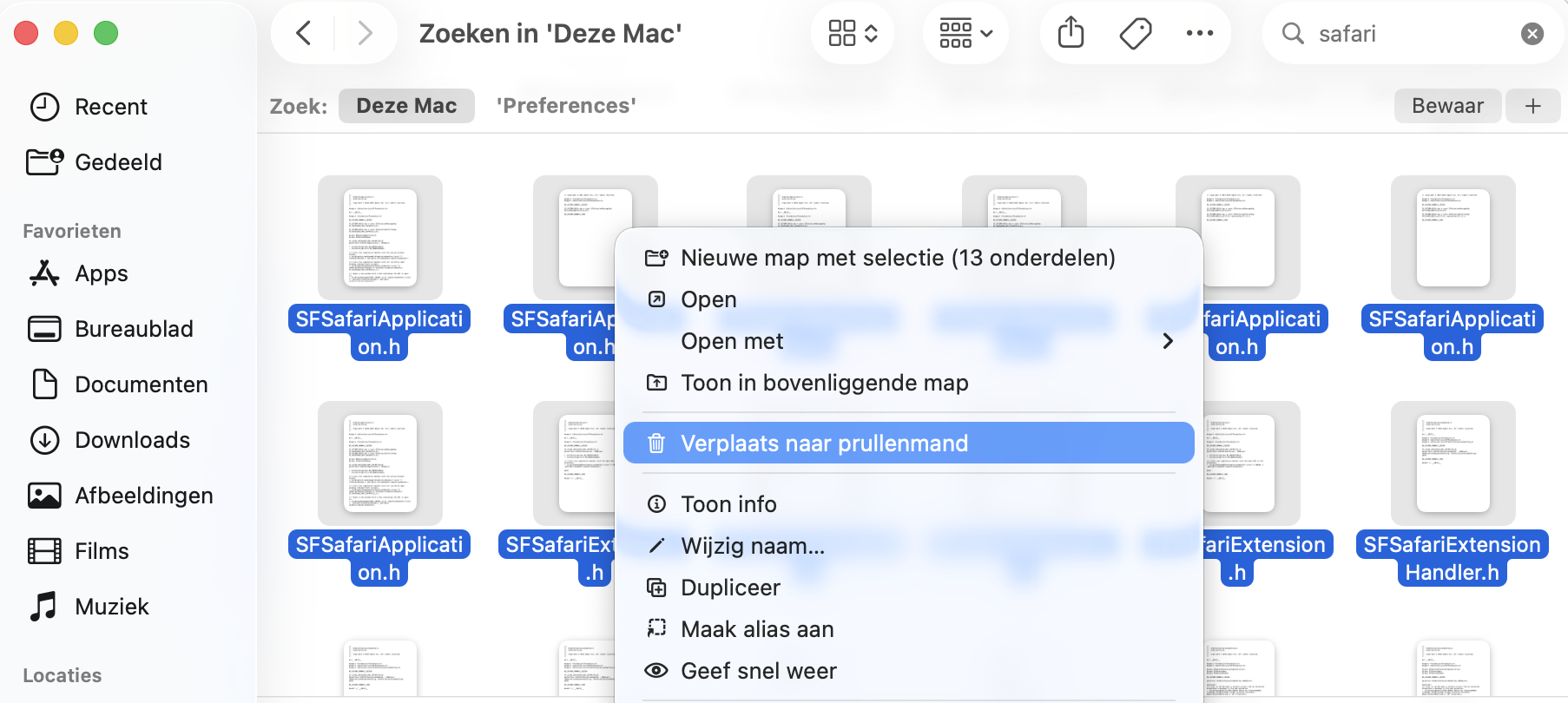 Zoek de bestanden die beginnen met `com.apple.Safari`. Selecteer ze en kies Verplaats naar prullenmand om de Safari-voorkeurenbestanden van je Mac te verwijderen. Vergeet daarna niet de prullenmand te legen om alle sporen van je computer te verwijderen en de schijfruimte te optimaliseren.