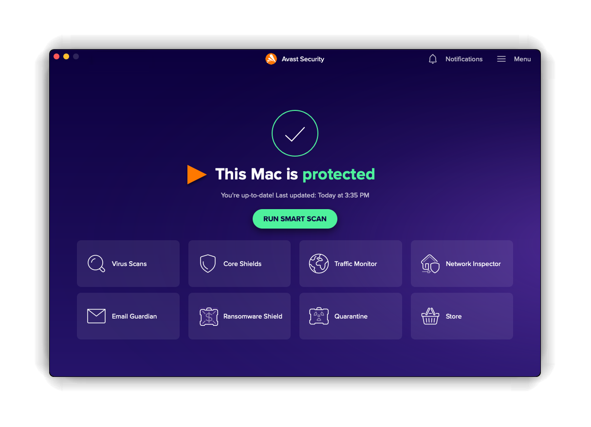 Open Avast on your Mac and review the status screen, where the smart scan button and the individual protection modules are listed.