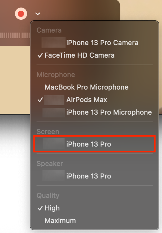 To use QuickTime Player to mirror your iPhone on your Mac, select your phone under Screen.