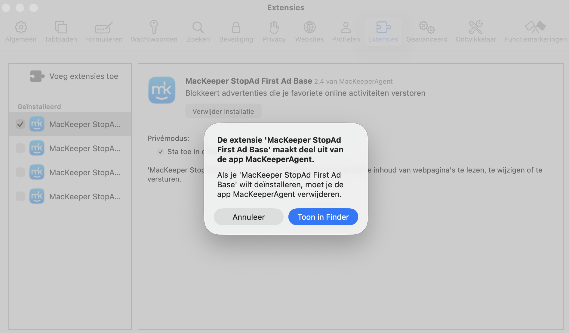 Na het klikken op ‘Verwijder’ moet je op ‘Toon in Finder’ klikken. Je komt dan bij de locatie waar de extensie is geïnstalleerd, zodat je deze kunt verwijderen.