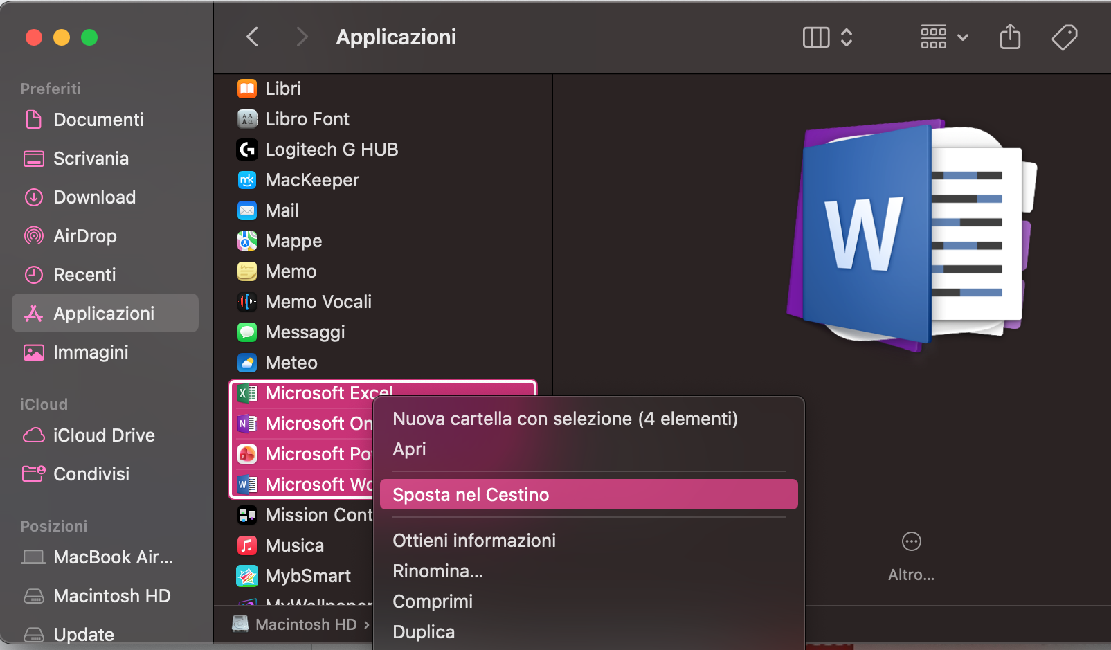 Ora, vai nella cartella Applicazioni e trova le tue app Microsoft. Selezionale tutte e poi eliminale dal tuo Mac.