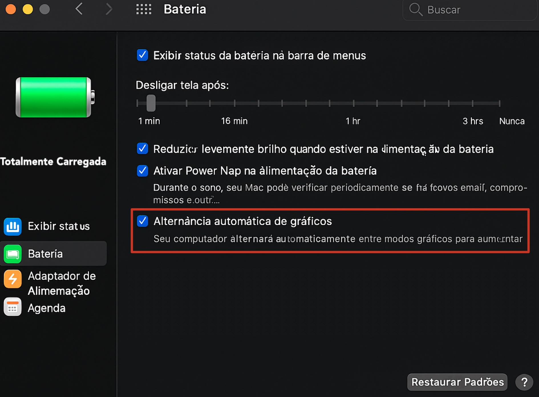 Em alguns modelos de MacBook, você encontrará a opção de ativar a alternância automática de gráficos. A GPU de menor potência gera menos calor.