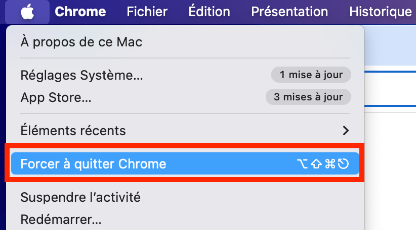 Pour forcer à quitter Chrome, cliquez sur le logo Apple et sur Forcer à quitter Chrome.