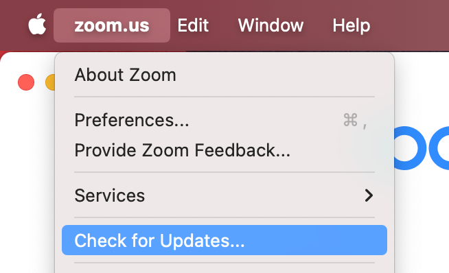 To fix the application zoom.us is not open anymore error, update the app by clicking zoom.us in the menu bar and selecting Check for Updates.