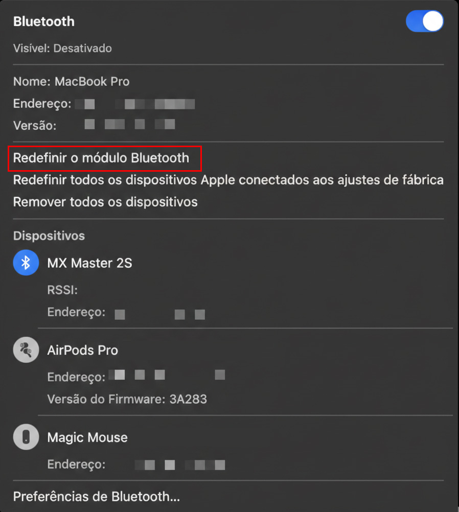 No entanto, se você for usuário do macOS Big Sur, pode obter o mesmo resultado abrindo a janela do Bluetooth e selecionando Redefinir o módulo Bluetooth no menu suspenso.