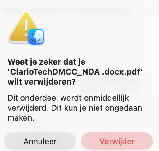 Als je een bestand direct van je MacBook wilt verwijderen zonder het eerst naar de Prullenmand te verplaatsen, houd je Option ingedrukt, selecteer je het bestand en druk je op Option + Command (⌘) + Delete om dit venster te openen.