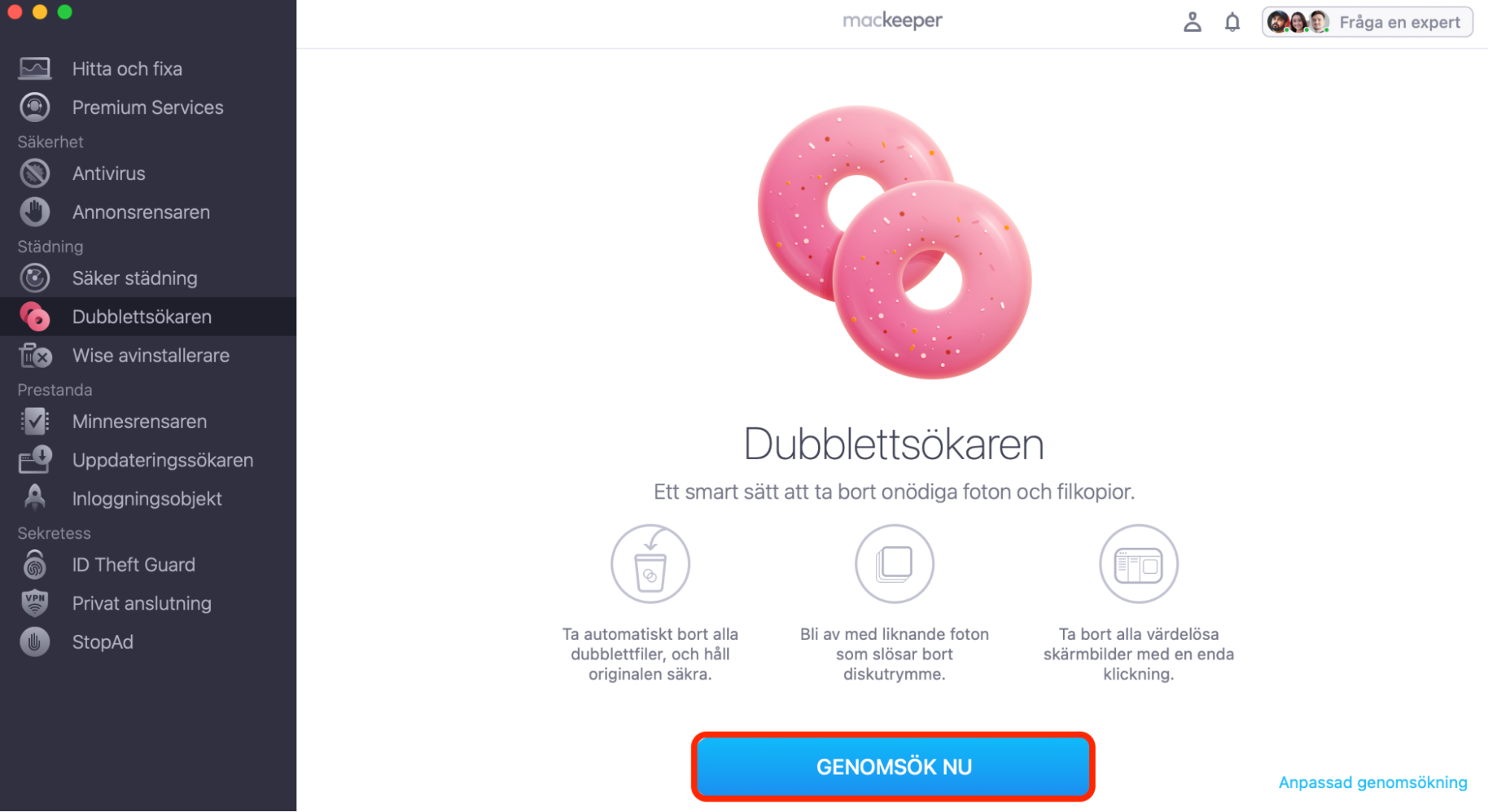 För att förhindra att det virtuella minnet blir långsamt på din Mac, rensa dina dubblettfiler med MacKeepers funktion Dublettsökaren. Öppna appen och klicka på Genomsök nu.
