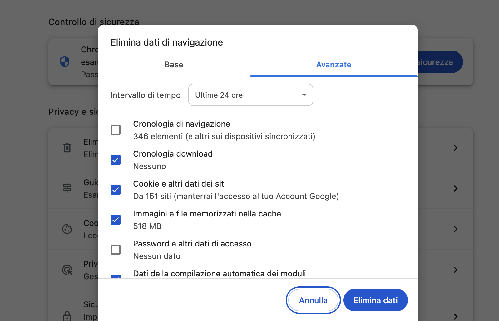 Google Chrome su Mac mostra il menu Cancella dati di navigazione. Selezionare Immagini e file memorizzati nella cache, quindi fare clic sul pulsante Cancella dati.