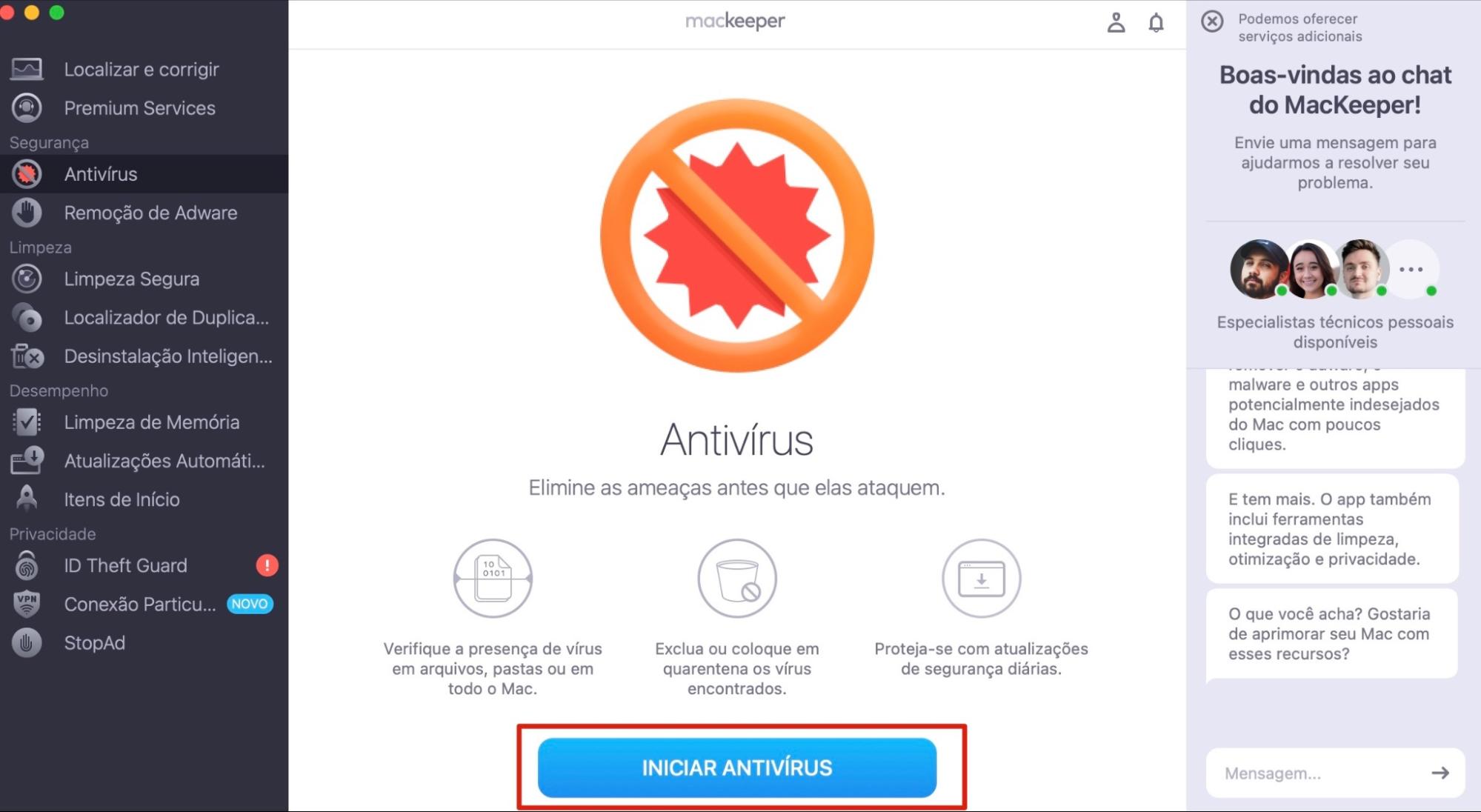 Para remover vírus no seu Mac, abra o MacKeeper e selecione Antivirus no menu lateral. Em seguida, clique em Iniciar Antivirus.