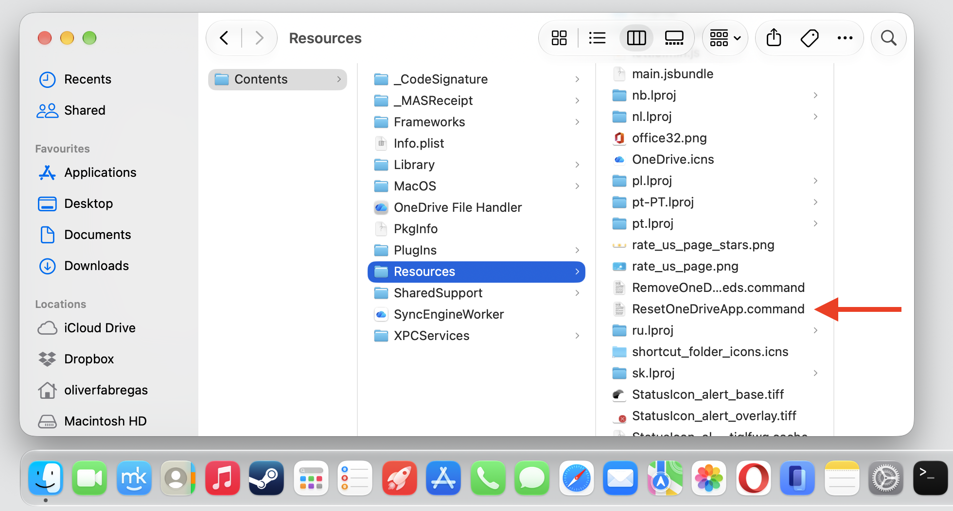The OneDrive Resources folder in Finder on a MacBook with ResetOneDriveApp.command highlighted to reset the damaged, unopenable app.