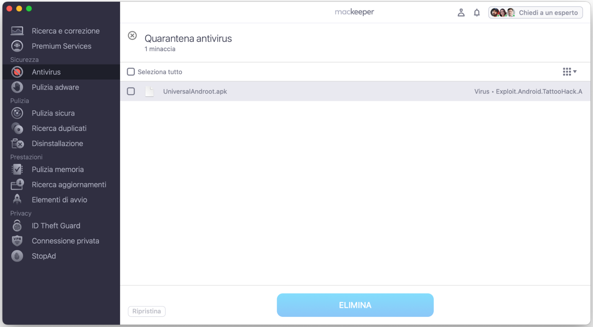Lo strumento Antivirus in MacKeeper per Mac. Se viene trovato malware sul tuo computer, clicca Sposta in Quarantena.