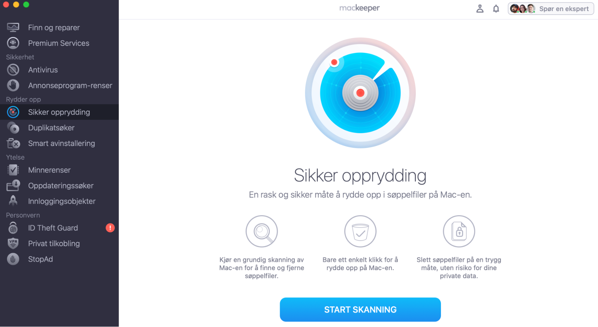 Sikre Opprydding-verktøyet inne i MacKeeper på Mac. Du kan bruke dette til å finne og fjerne unødvendig rot når oppstartsdisken på Macen er full.