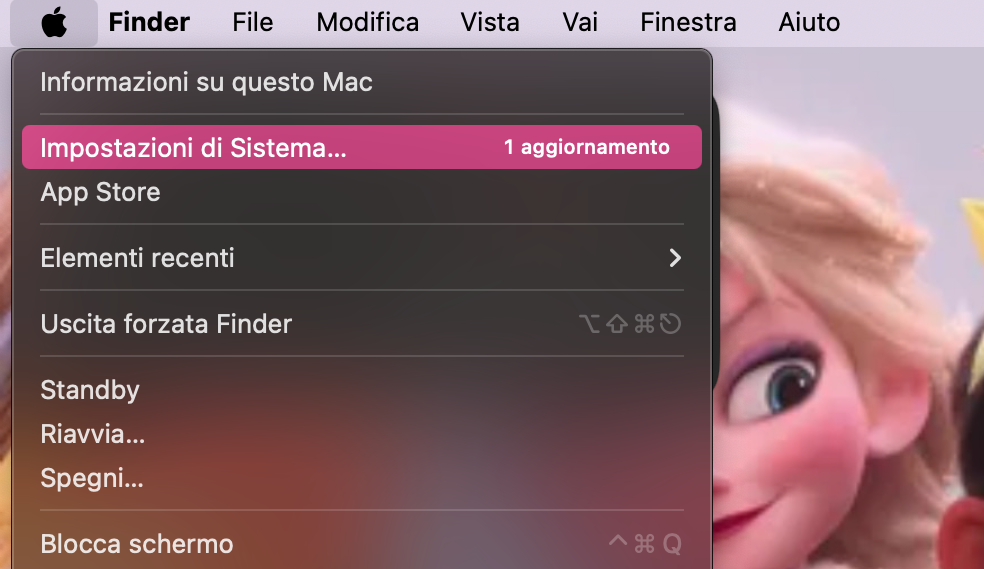 Menu Apple con l'opzione Impostazioni di Sistema selezionata ed evidenziata, come primo passo per aprire XProtect su Mac