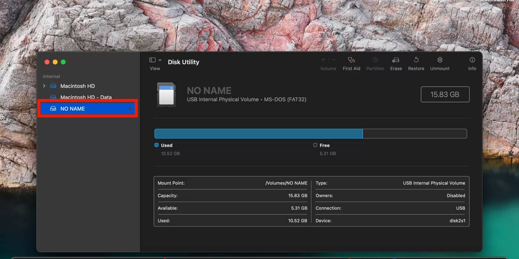 Open Disk Utility, select your SD card from the sidebar, then check the Format field to verify macOS compatibility.
