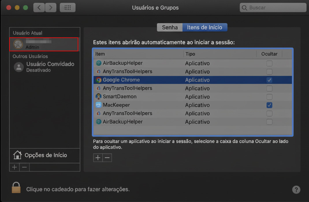 No painel esquerdo da janela Usuários e Grupos, você pode ver a lista de usuários que têm acesso a esses dispositivos Apple — os atuais e os convidados. Escolha o usuário atual para fazer alterações adicionais.