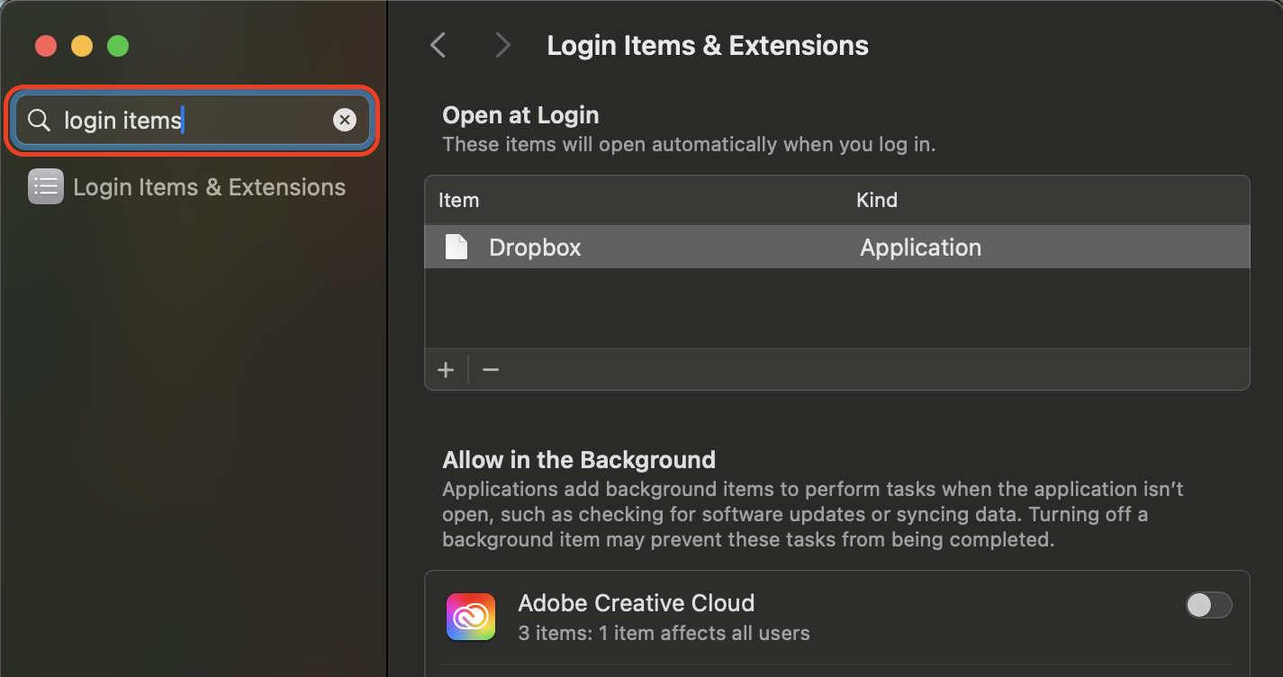 In System Settings, use the search bar at the top, type Login Items, and select it to view and manage apps that launch automatically.
