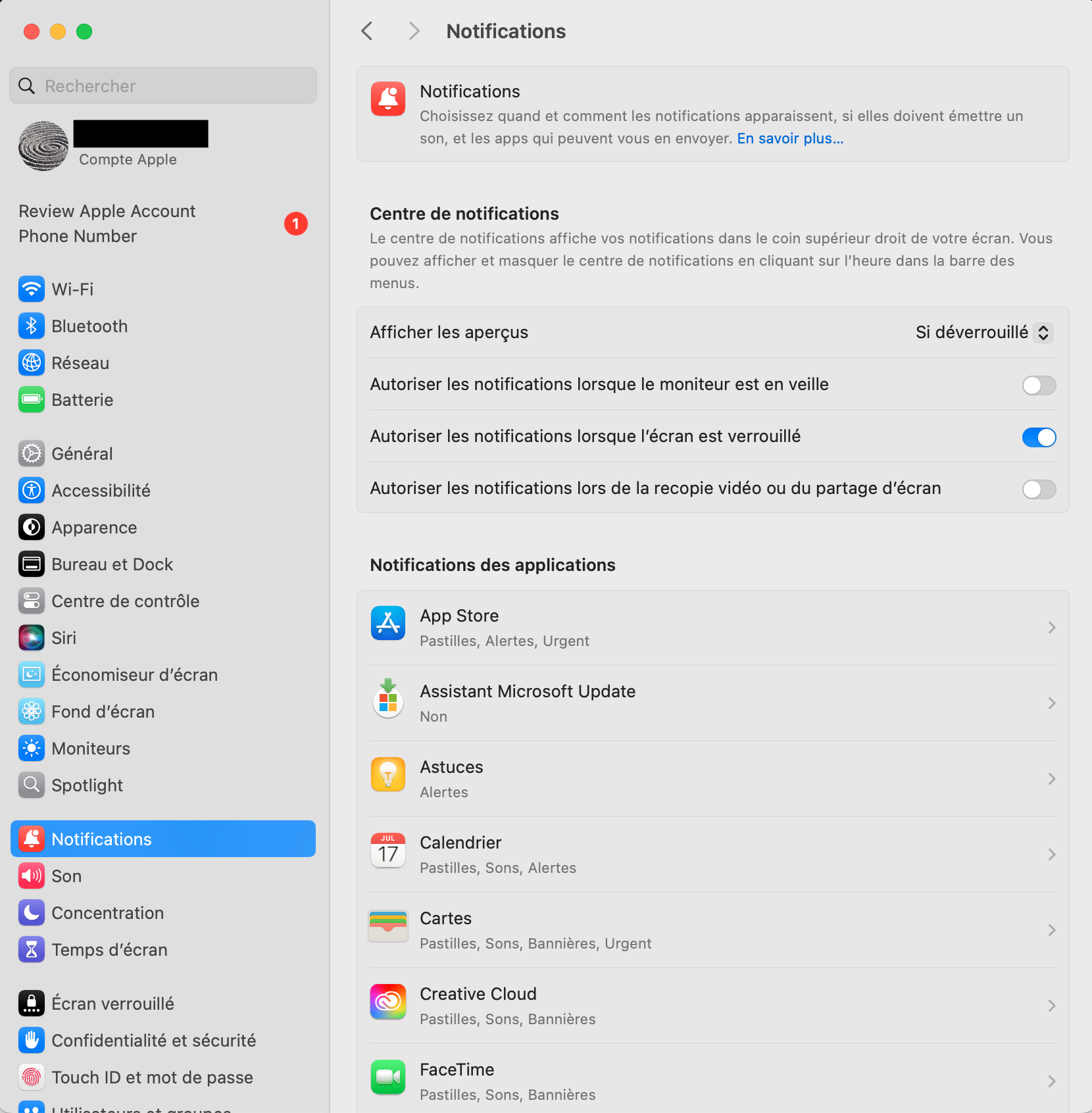 Les Réglages Système d’Apple, avec l’onglet Notifications mis en surbrillance. Comment bloquer les notifications push : guide pour bloquer les fausses alertes McAfee sur Mac.