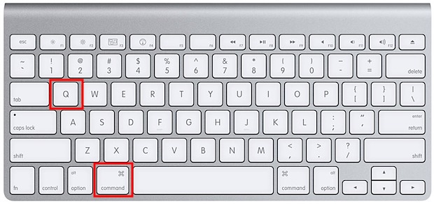 Apple keyboard with the Command and Q keys highlighted, the shortcut used to quit Terminal so permission changes reload on a Mac.